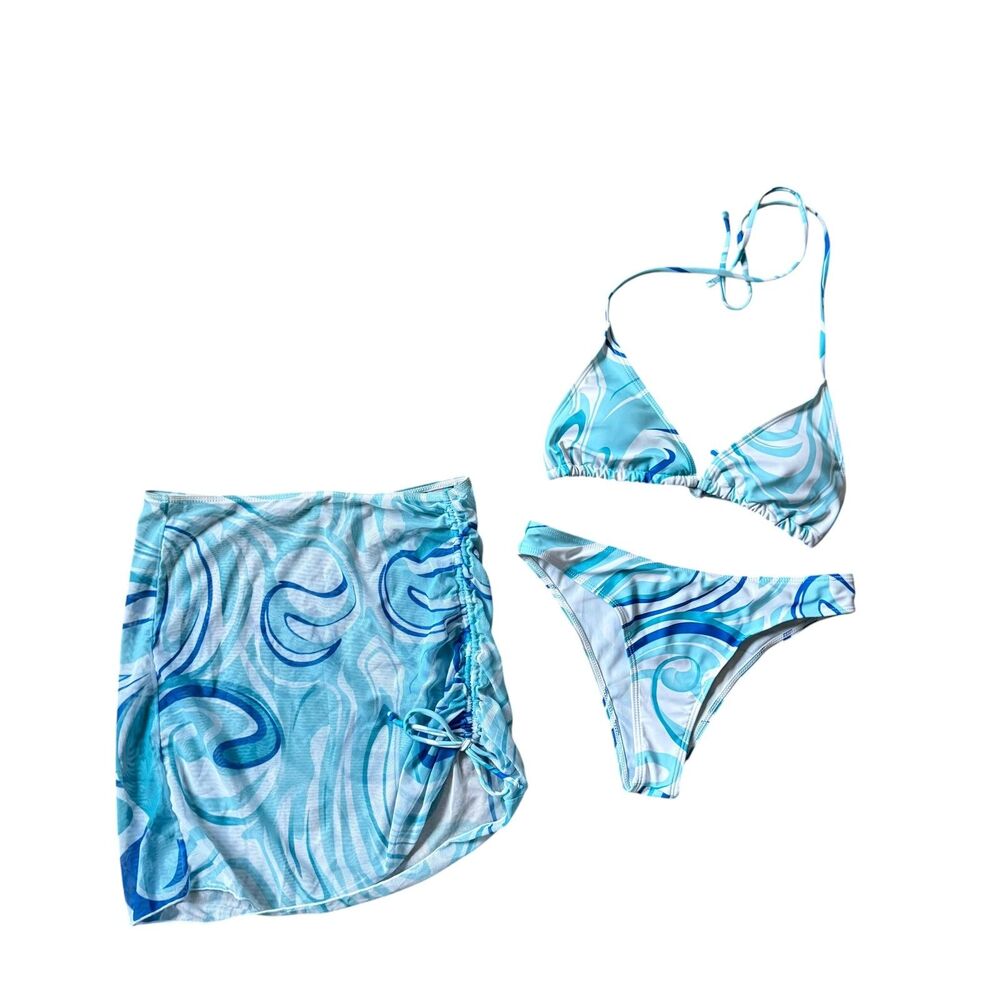 Halara NWOT 3 Piece Swimwear Size S Blue Swirl New Without Tags Flirty Swimwear